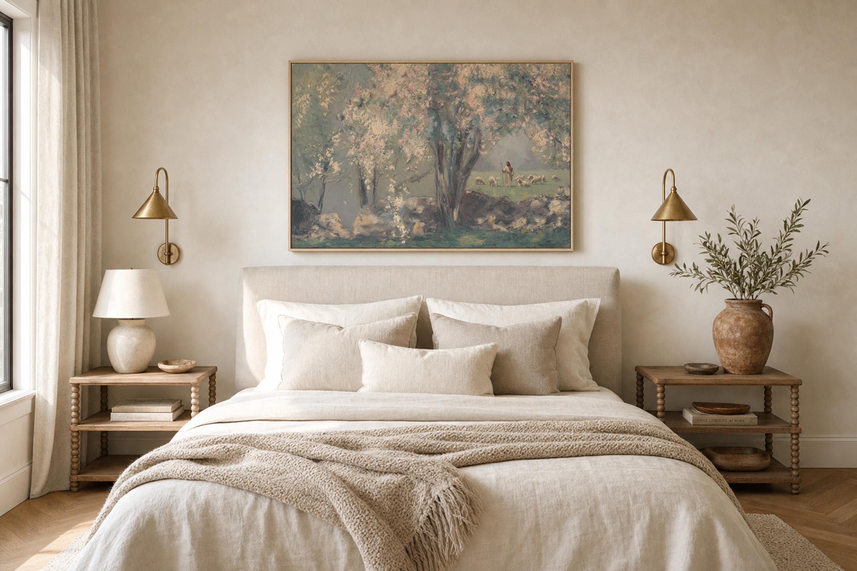 Jesus Among the Sheep Print | Good Shepherd Christian Wall Art | Peaceful Biblical Landscape Painting | S0037