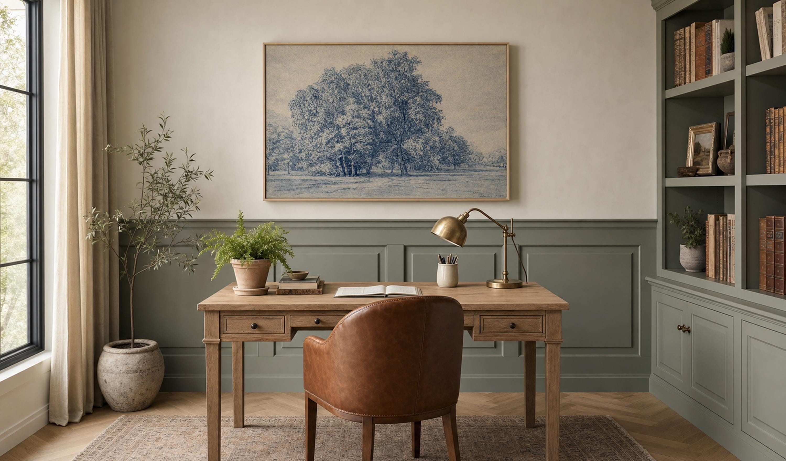 Blue Landscape Wall Art – French Country Tree Print, Farmhouse Decor