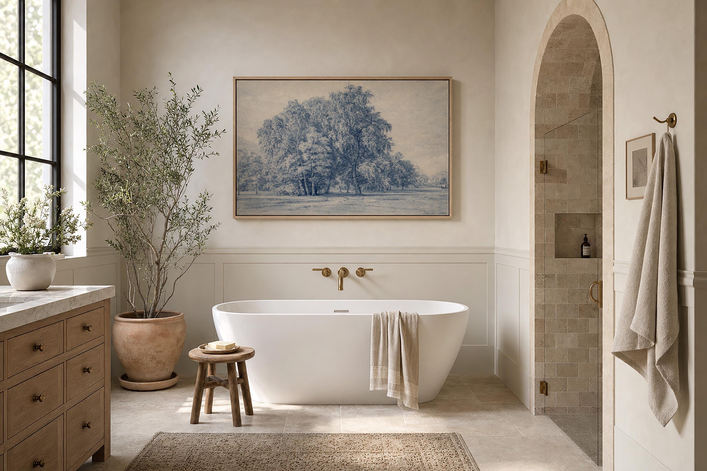 Blue Landscape Wall Art – French Country Tree Print, Farmhouse Decor
