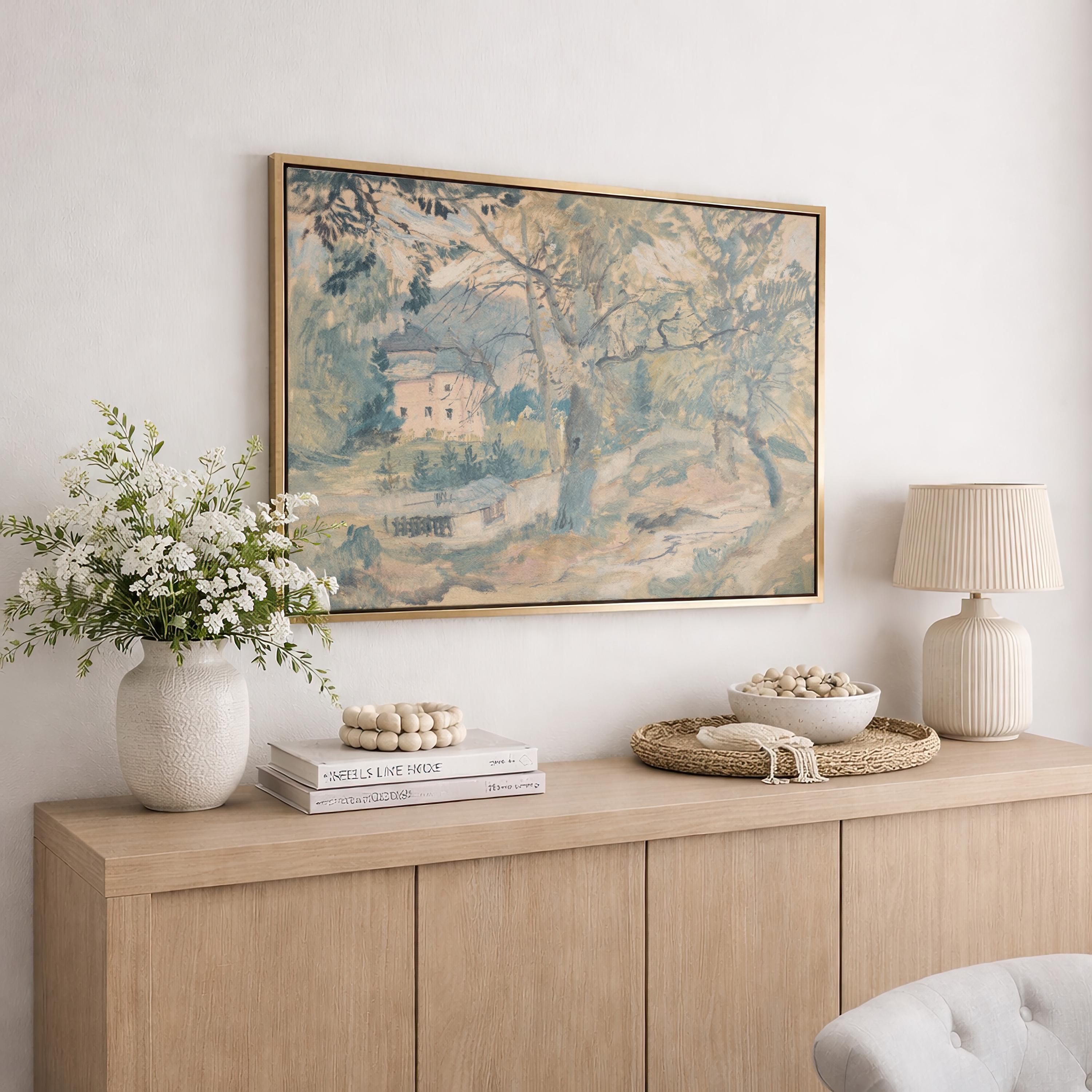 Blue Cottage Landscape Print | Soft Neutral Wall Art | Powder Blue Nature Decor | Vintage European Countryside | P0021