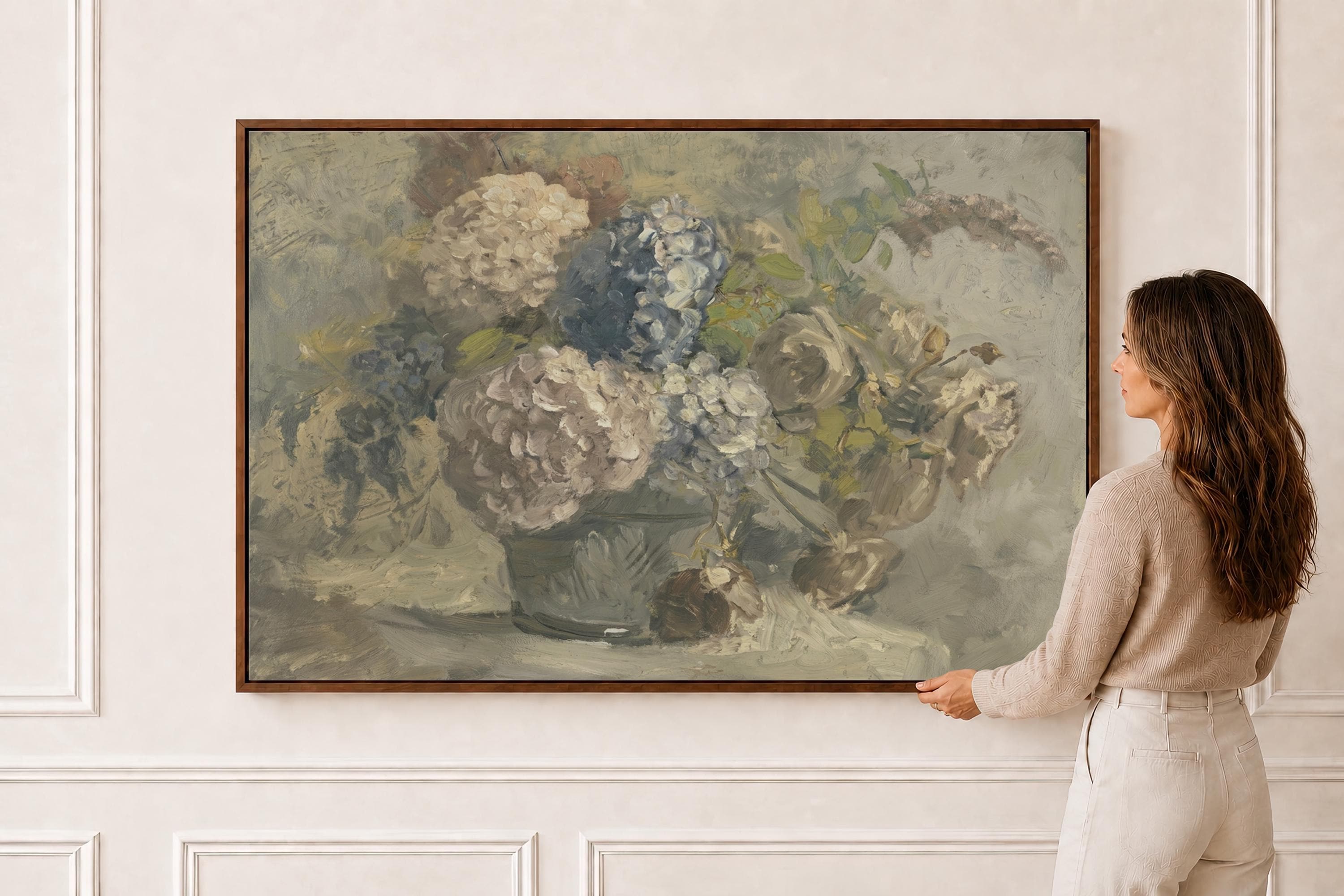 Vintage Hydrangea Wall Art | Moody Floral Still Life Print | Antique Oil Painting Decor | French Country Floral Art | A0010
