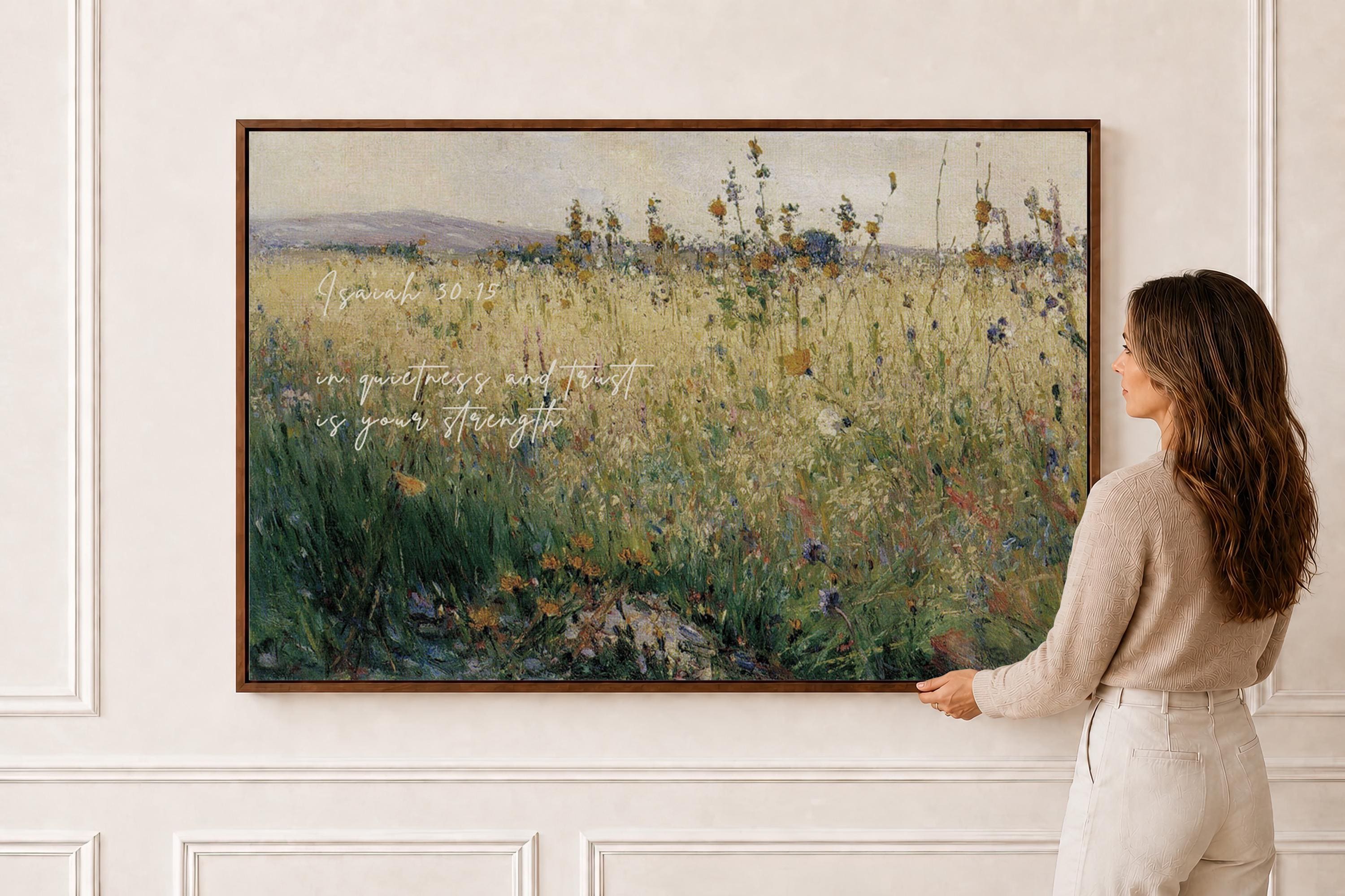 Wildflower Field Christian Wall Art Isaiah 30:15, In Quietness and Trust Is Your Strength, Vintage Floral Landscape Print