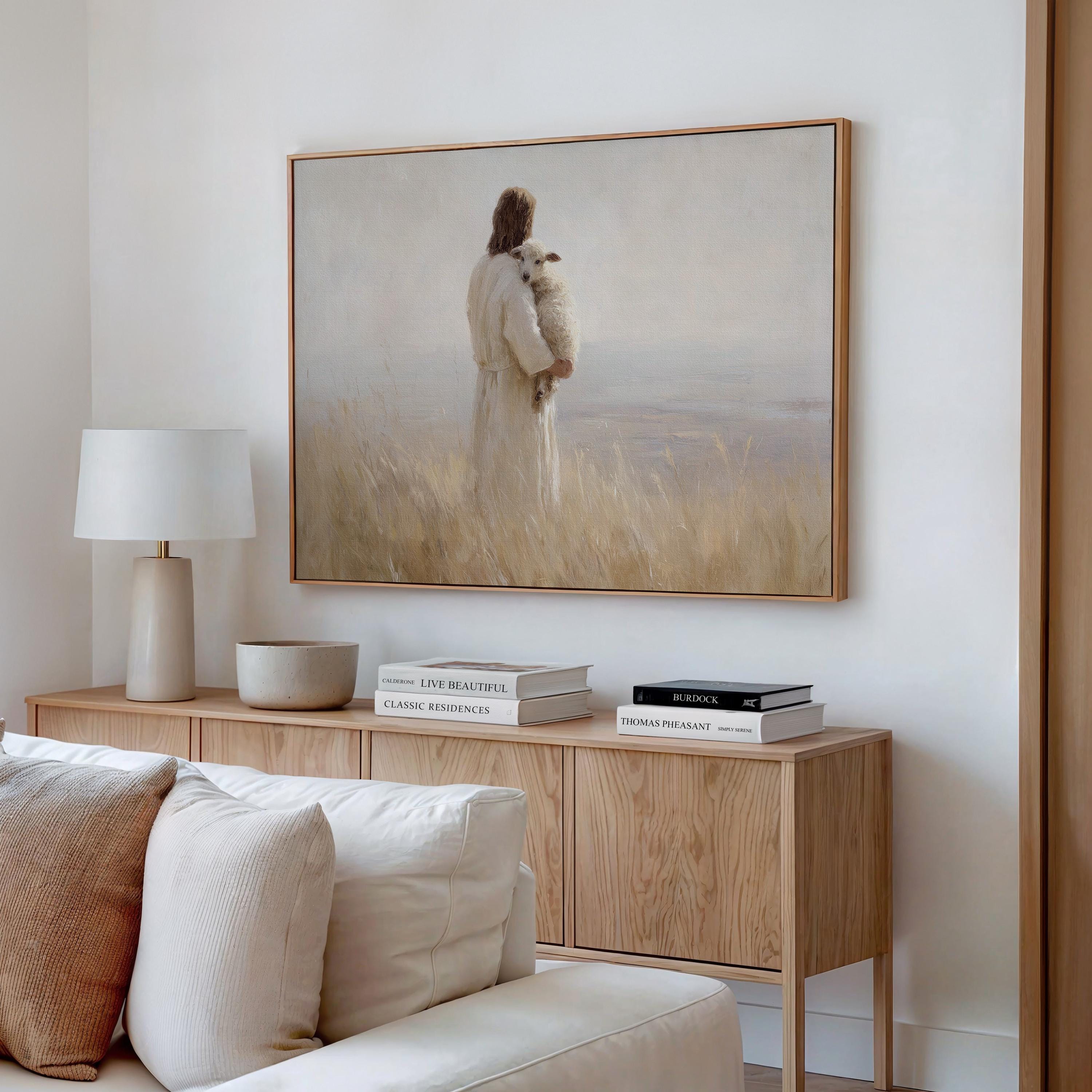 Jesus Holding Lamb Wall Art – The Good Shepherd Print – Psalm 23 Christian Home Decor – Neutral Faith Artwork