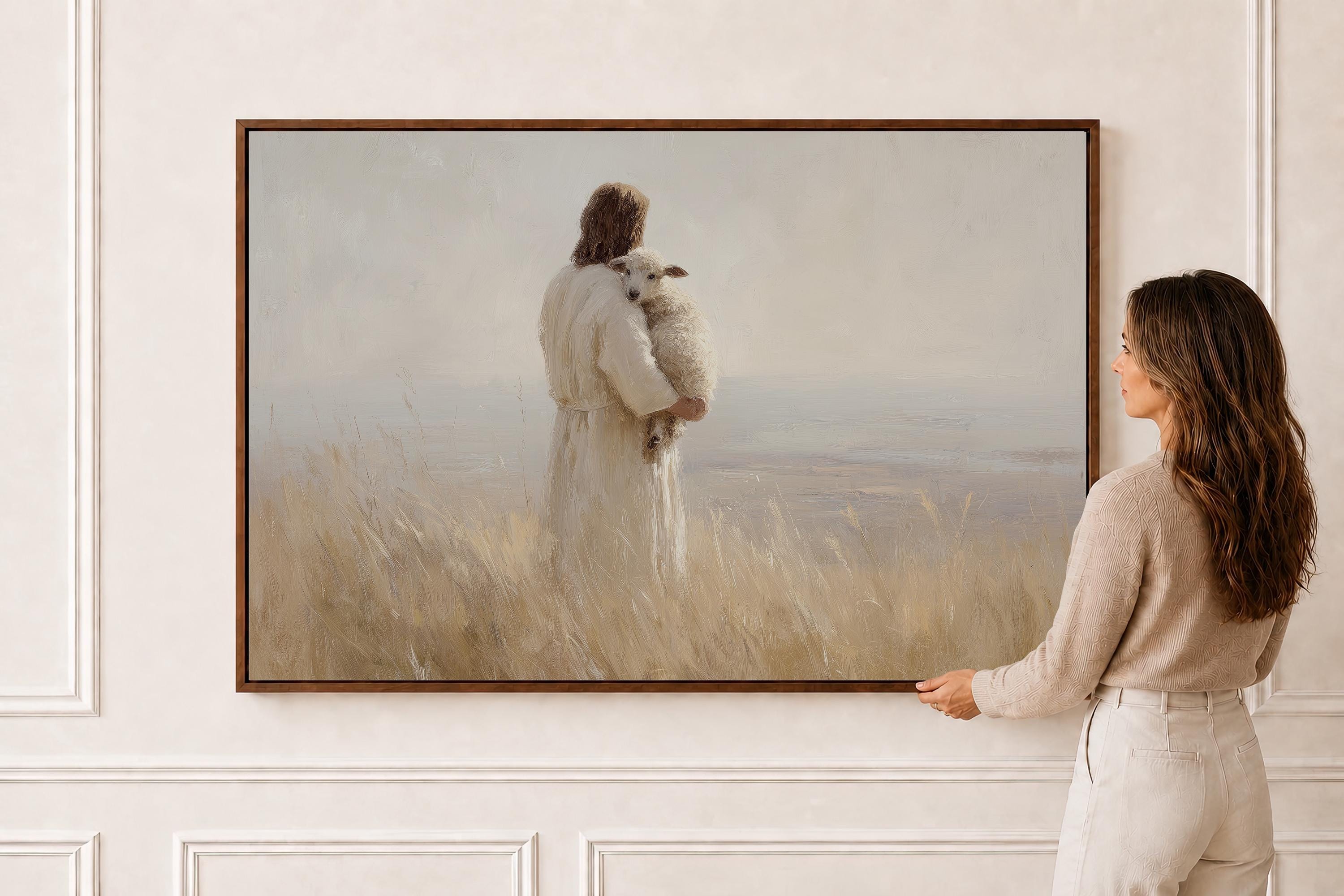 Jesus Holding Lamb Wall Art – The Good Shepherd Print – Psalm 23 Christian Home Decor – Neutral Faith Artwork